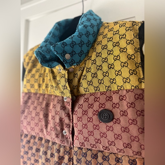 Gucci $2600 GG Logo Jacquard Cotton Canvas Down Multicolor Colorblock Vest 46 - Picture 8 of 14
